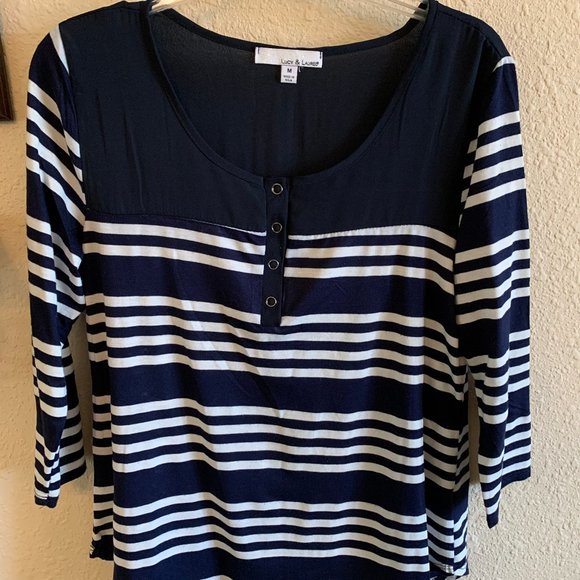 Lucy & Laurel Womens size Medium 3/4 Sleeve Navy White Striped Blouse Shirt - Picture 1 of 4